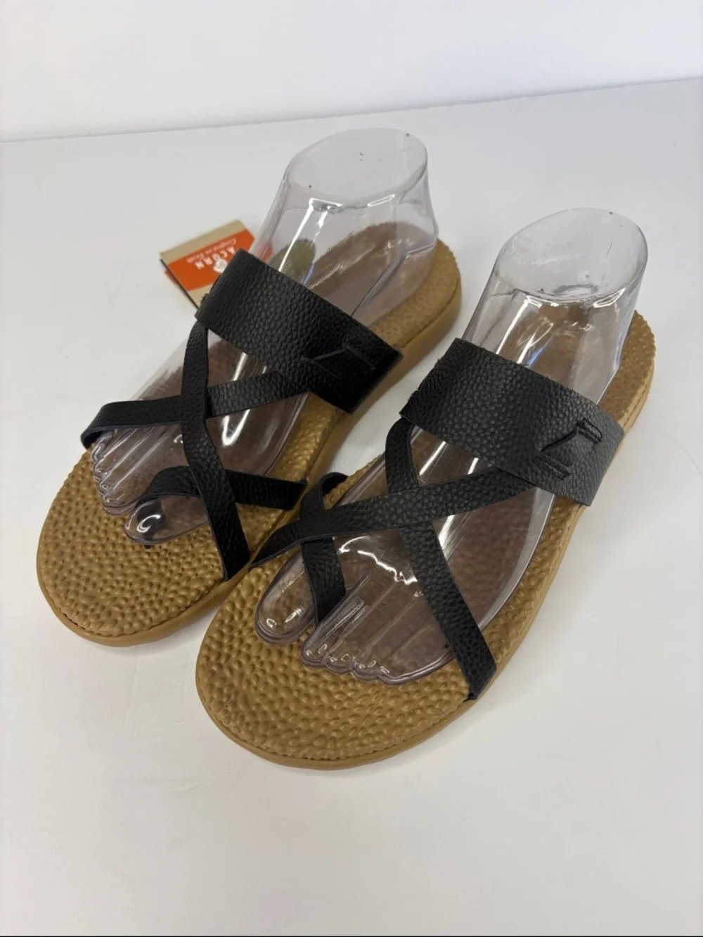 NWT Acorn Black Leather Crisscross Strap Slide Sandals